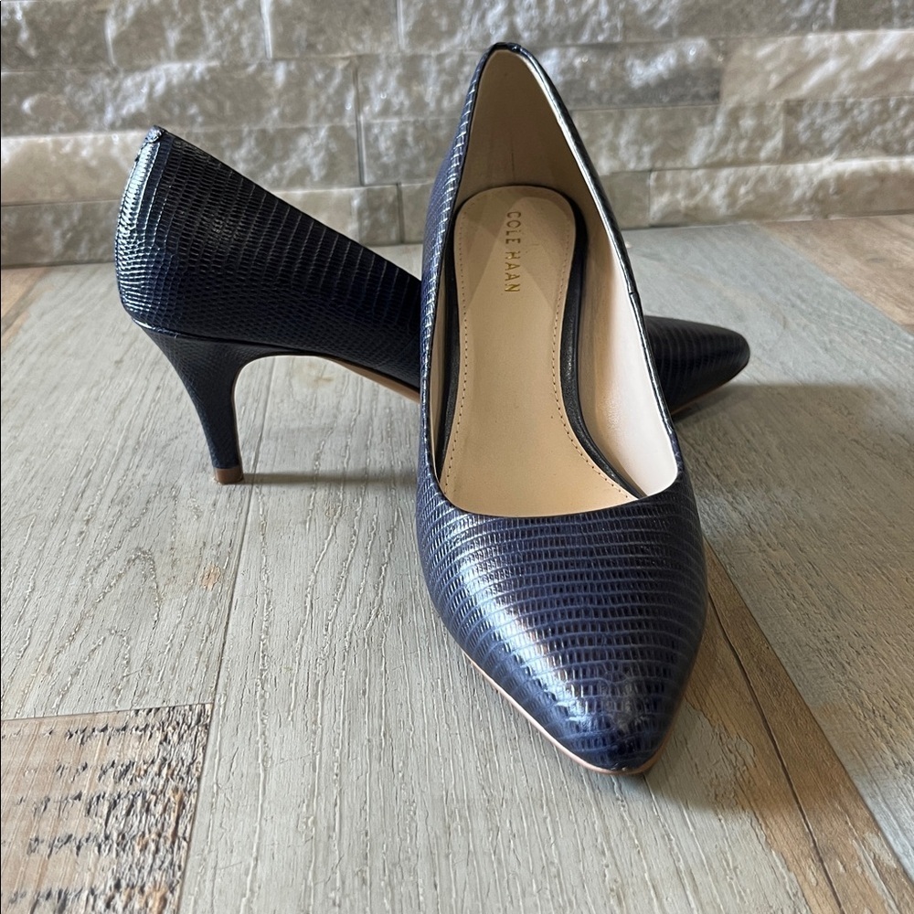 Cole Haan Women's Navy Blue Textured 7” Heels Sz 6B Office Career Business Chic - Picture 4 of 10
